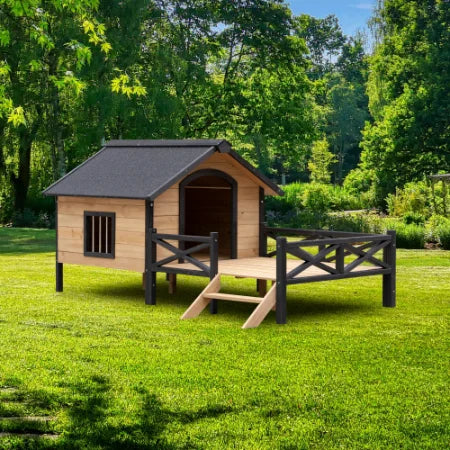 Niche en Bois pour Chien Grand Format avec Terrasse – Design Moderne FCJ, Mobilier d’Extérieur Élégant pour Animaux, Motif Uni