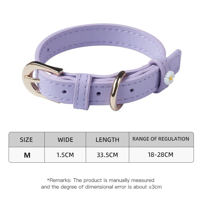 Collier pour Chat & Petit Chien en Simili Cuir – Décor Marguerite, Boucle en Alliage & Anneau Traction