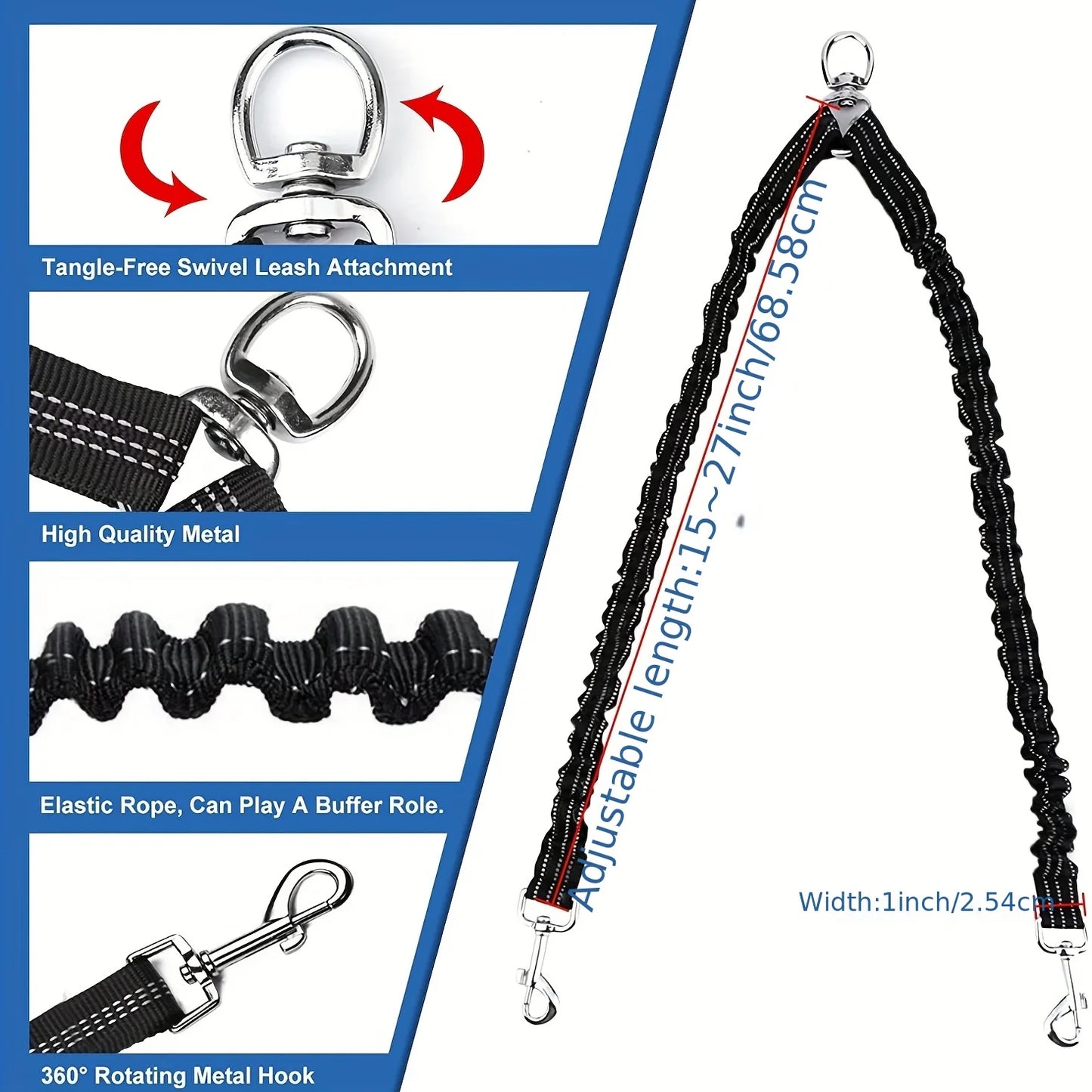 Laisse Double pour Chien – Coupleur Anti-Enchevêtrement avec Amortisseur de Chocs et Sangle Réfléchissante pour Sécurité Nocturne