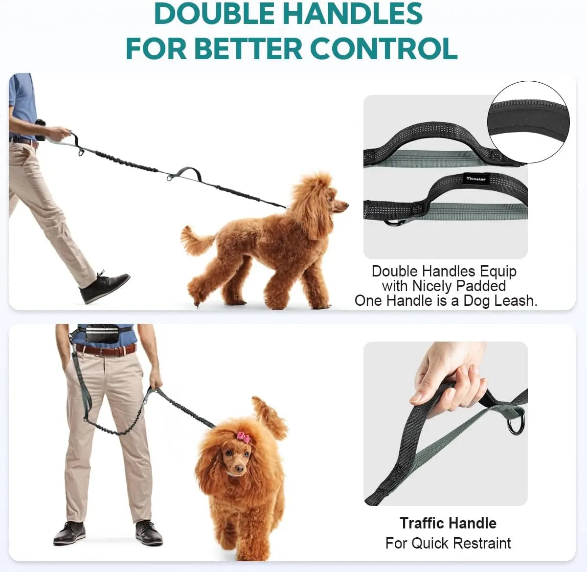 Laisse Mains Libres avec Poche de Rangement – Laisse Double Rétractable pour Deux Chiens avec Amortisseur Élastique et Doubles Poignées Rembourrées, Compatible avec Harnais