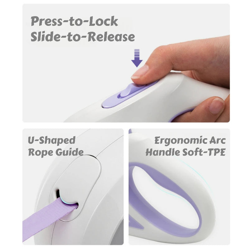 Laisse Rétractable pour Chien avec Éclairage LED – Système de Verrouillage à Une Touche, Anti-Enchevêtrement, Poignée Confortable et Sécurité Nocturne Mains Libres