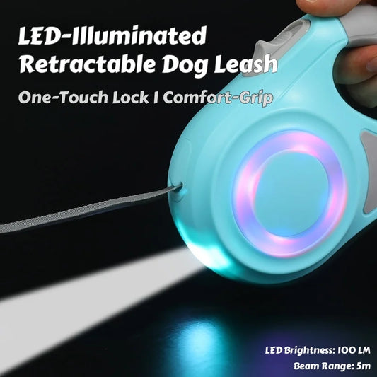Laisse Rétractable pour Chien avec Éclairage LED – Système de Verrouillage à Une Touche, Anti-Enchevêtrement, Poignée Confortable et Sécurité Nocturne Mains Libres