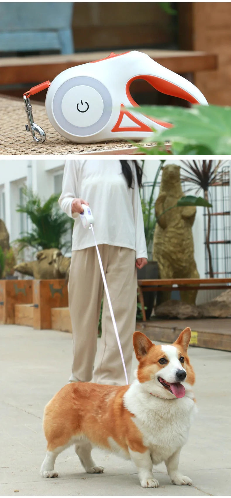 Laisse Rétractable pour Chien avec Éclairage LED – Système de Verrouillage à Une Touche, Anti-Enchevêtrement, Poignée Confortable et Sécurité Nocturne Mains Libres