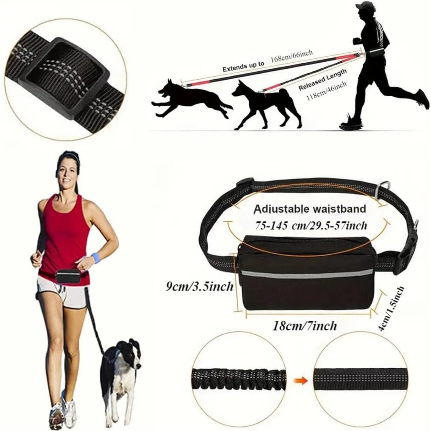 Laisse pour Chien Mains Libres 1,65 m avec Pochette à Fermeture Éclair – Laisse de Taille avec Double Poignée Rembourrée pour la Marche