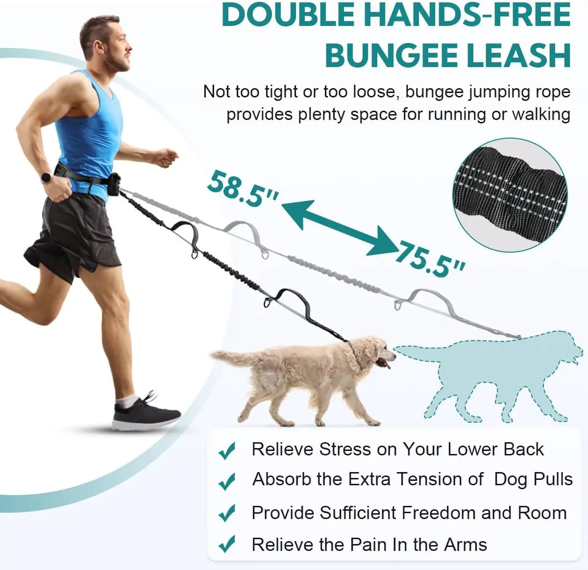 Laisse Mains Libres avec Poche de Rangement – Laisse Double Rétractable pour Deux Chiens avec Amortisseur Élastique et Doubles Poignées Rembourrées, Compatible avec Harnais