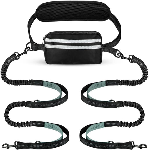 Laisse Mains Libres avec Poche de Rangement – Laisse Double Rétractable pour Deux Chiens avec Amortisseur Élastique et Doubles Poignées Rembourrées, Compatible avec Harnais