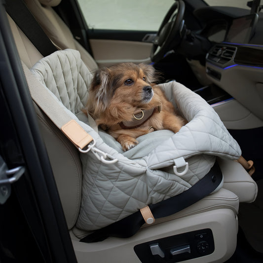 Siège Auto Matelassé pour Animaux – Coloris Gris Clair – Transporteur Sécurisé en Polyester Résistant avec Laisse Intégrée, Sangles de Sécurité et Appui-Tête Ajustable – Pour Chiens et Chats