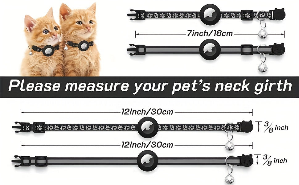 Lot de 2 Colliers pour Chat avec Support AirTag – Collier Sécurité Réfléchissant avec Clochette – Boucle Anti-étranglement – Réglable 17,8 à 30,5 cm – Pour Chats Femelles et Mâles