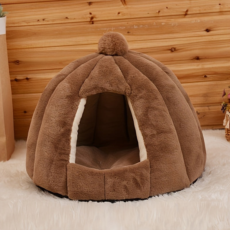 Niche Ronde en Peluche pour Chat – Abri Semi-Fermé Ultra Douillet pour le Sommeil Profond, Convient aux Chats, Petits Chiens et Lapins – Intérieur Confortable avec Pompon Décoratif