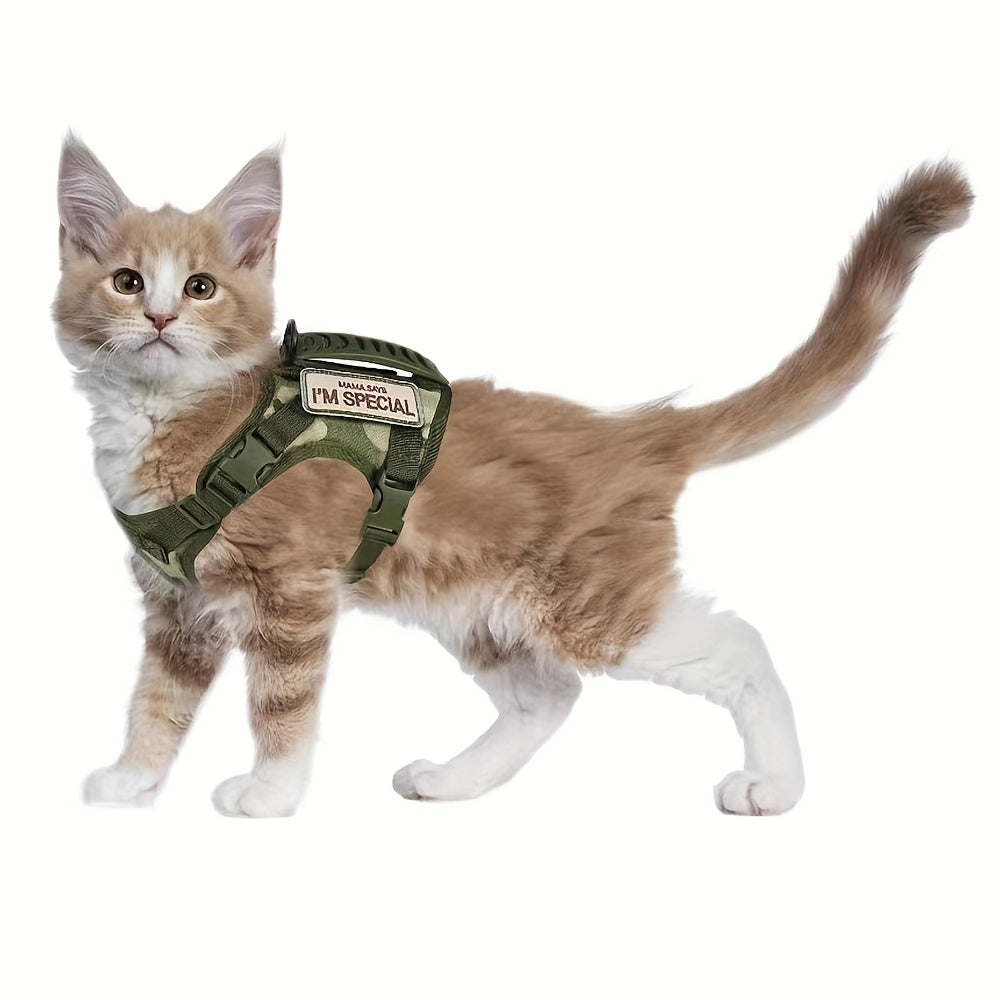 Harnais Tactique Antifugue pour Chat – 1 Pièce – Gilet de Marche Sécurisé et Confortable – Harnais Réglable en Maille Douce avec Poignée de Contrôle – Antitraction