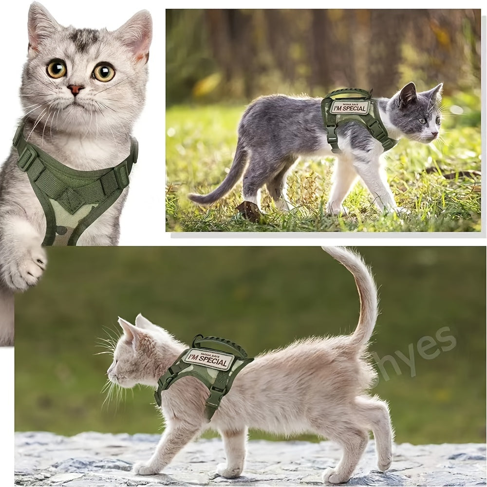 Harnais Tactique Antifugue pour Chat – 1 Pièce – Gilet de Marche Sécurisé et Confortable – Harnais Réglable en Maille Douce avec Poignée de Contrôle – Antitraction