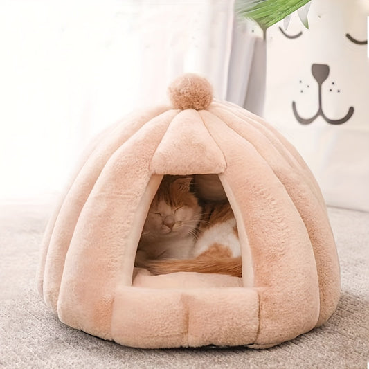 Niche Ronde en Peluche pour Chat – Abri Semi-Fermé Ultra Douillet pour le Sommeil Profond, Convient aux Chats, Petits Chiens et Lapins – Intérieur Confortable avec Pompon Décoratif