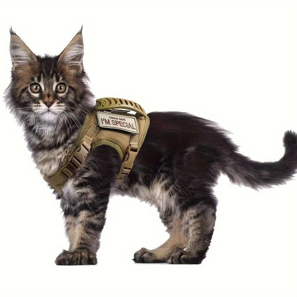 Harnais Tactique Antifugue pour Chat – 1 Pièce – Gilet de Marche Sécurisé et Confortable – Harnais Réglable en Maille Douce avec Poignée de Contrôle – Antitraction